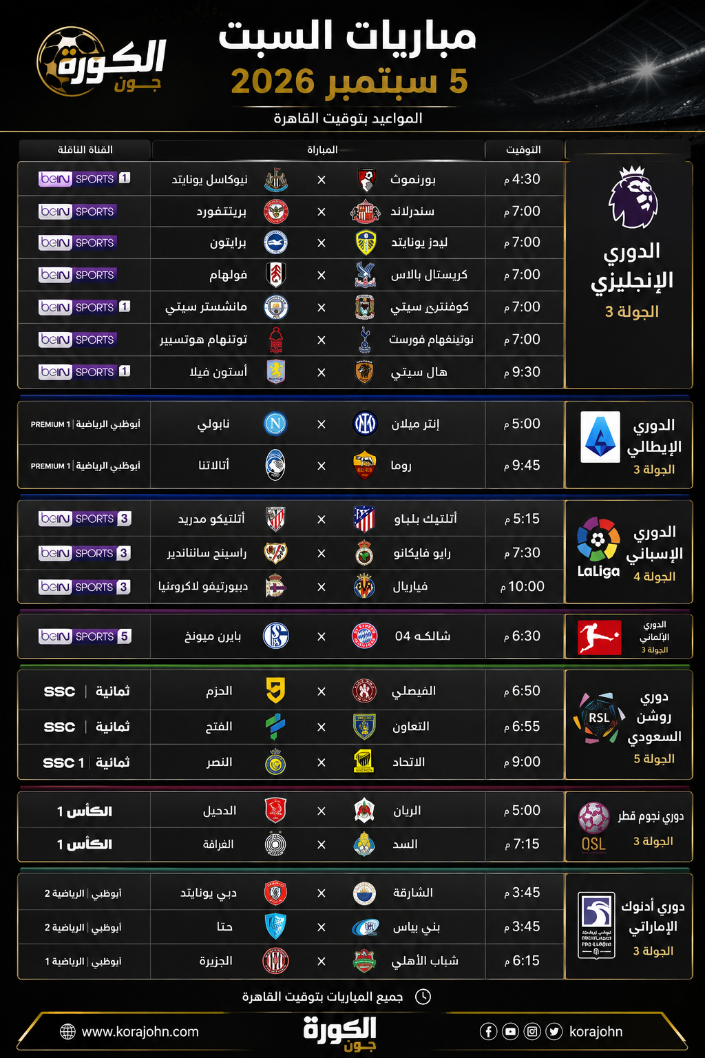مباريات السبت 5 سبتمبر 2026.. كلاسيكو الاتحاد والنصر وقمم إنجلترا وإيطاليا وإسبانيا